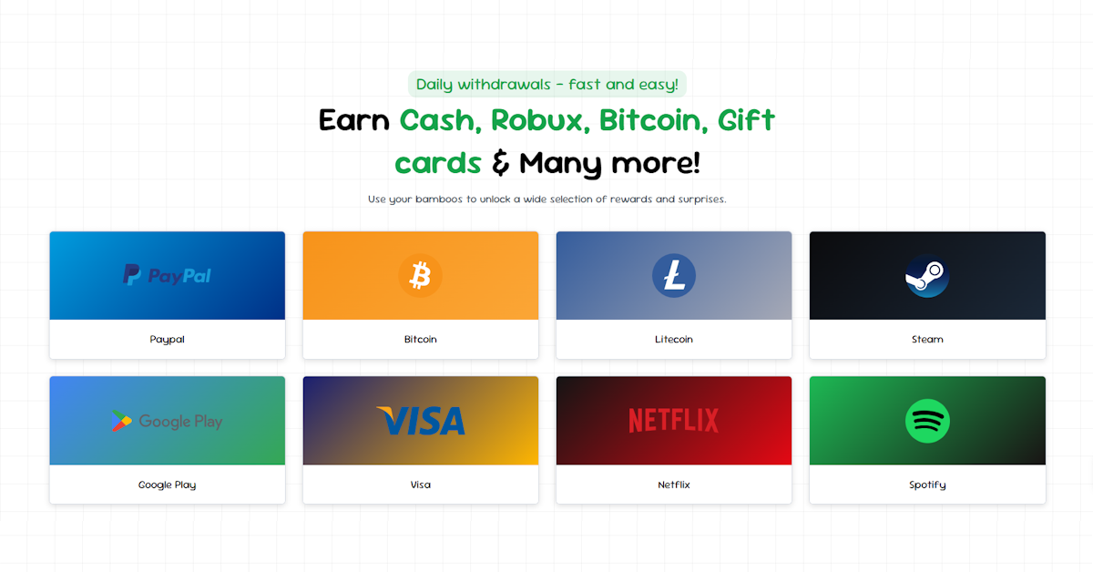 BambooRush - Earn Cash, Robux, Bitcoin, Gift cards & Many more!